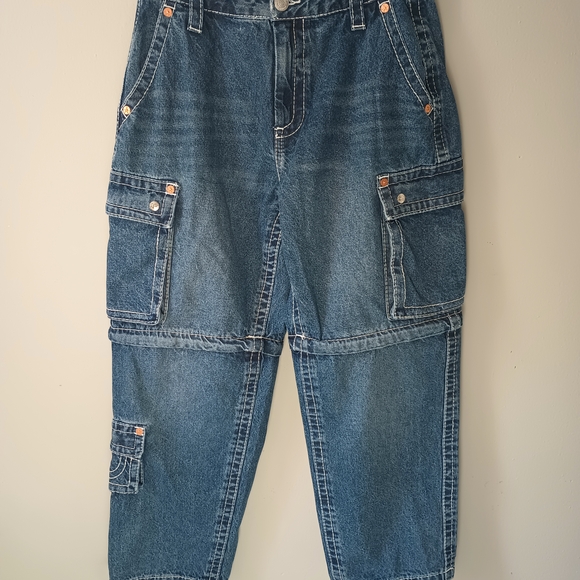 True Religion Mens Size 29 Convertible Big T Zip Cargo Jeans Pockets 100% Cotton - Picture 1 of 16